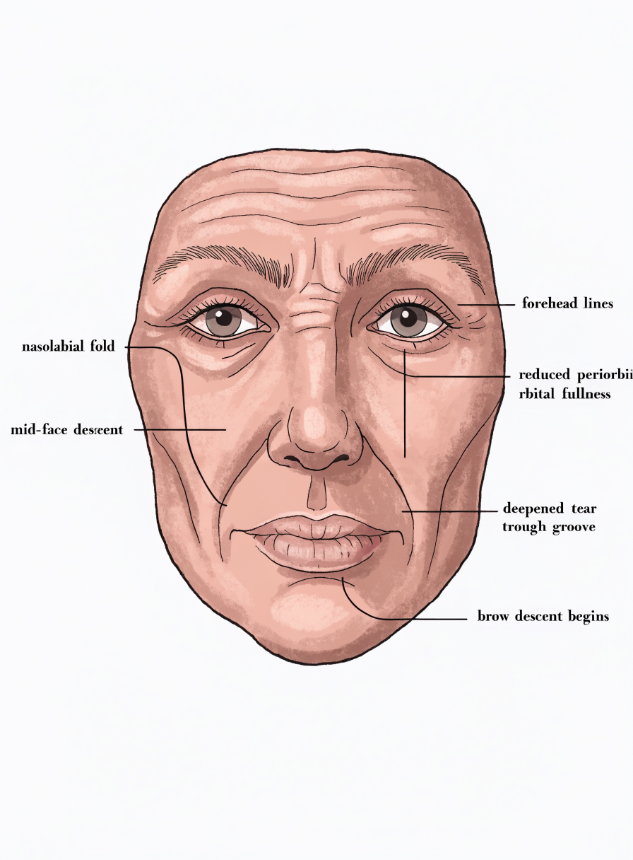 Clinical anatomy — 40s: Mid-face descent begins